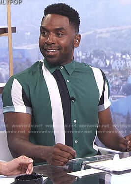 Justin’s green striped shirt on E! News Daily Pop