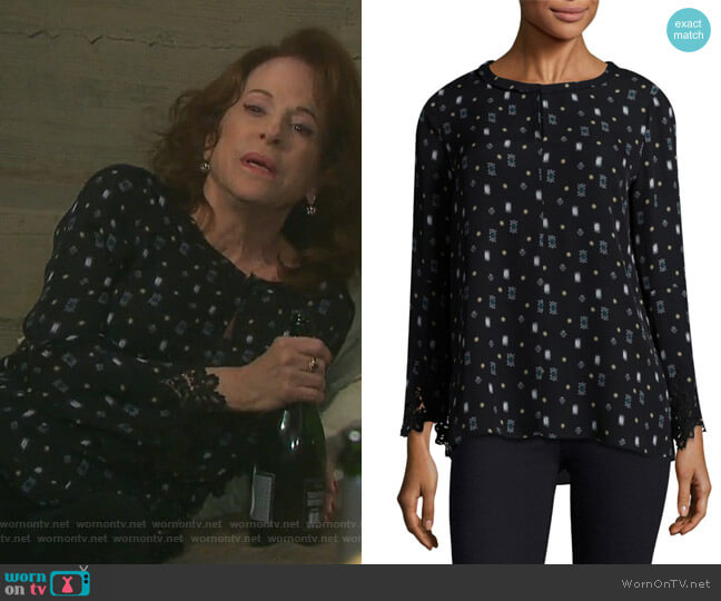 Cassie Printed Bell-Sleeve Silk Blouse by Kobi Halperin worn by Vivian Alamain (Louise Sorel) on Days of our Lives