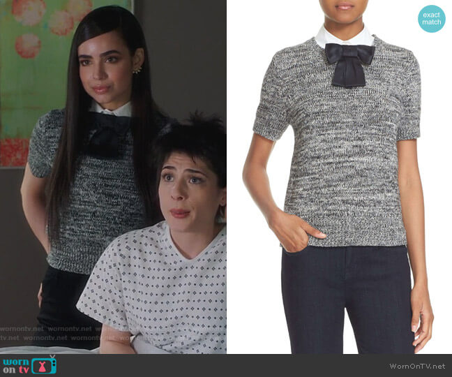 Bow Collar Short Sleeve Sweater by Kate Spade worn by Sloane Silver (Sofia Carson) on Famous in Love