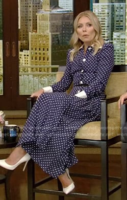 Kelly’s navy polka dot shirtdress on Live with Kelly and Mark