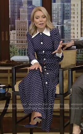 Kelly’s navy polka dot shirtdress on Live with Kelly and Ryan