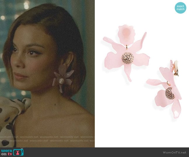 Crystal Lily Clip Earrings by Lele Sadoughi worn by Cristal Flores (Nathalie Kelley) on Dynasty