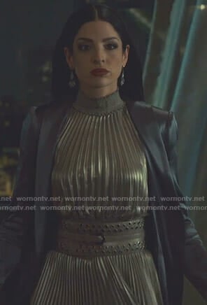 Lilith’s metallic pleated midi dress on Shadowhunters