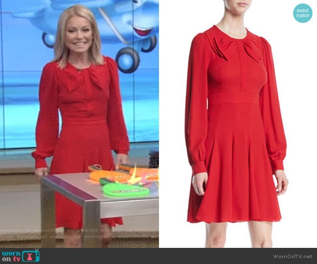 Bow-Front Long-Sleeve Fit-and-Flare Dress by Michael Kors Collection worn by Kelly Ripa on Live with Kelly and Mark