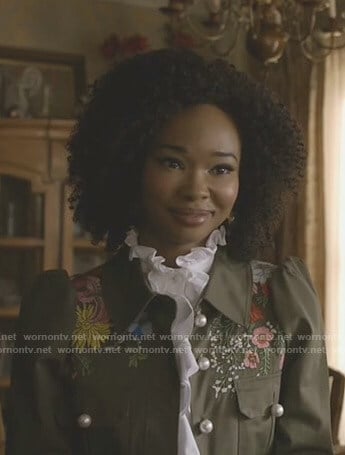 Monica’s floral embroidered army jacket with pearl buttons on Dynasty