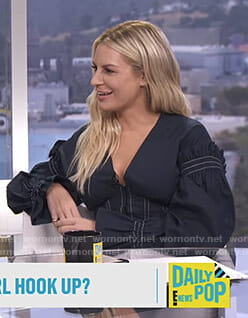 Morgan’s navy corset blouse with white stitching on E! News Daily Pop