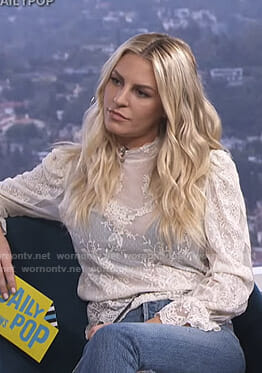 Morgan’s white scalloped lace top on E! News Daily Pop
