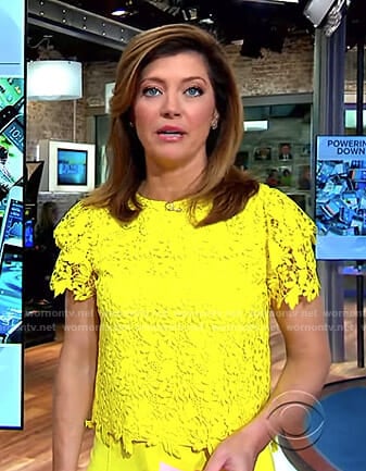 Norah’s yellow floral lace top on CBS This Morning