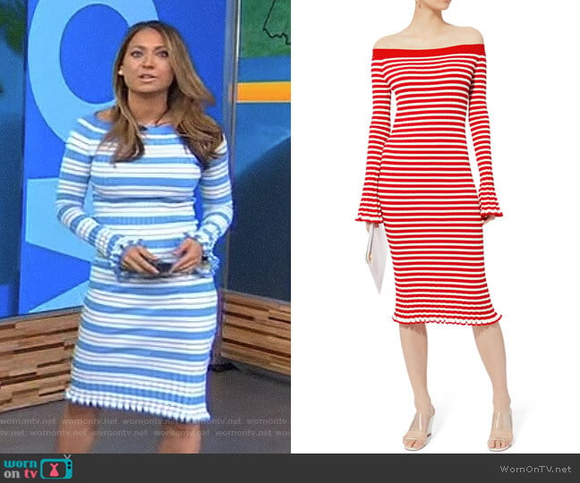 Off Shoulder Ribbed Dress by Caroline Constas worn by Ginger Zee on Good Morning America