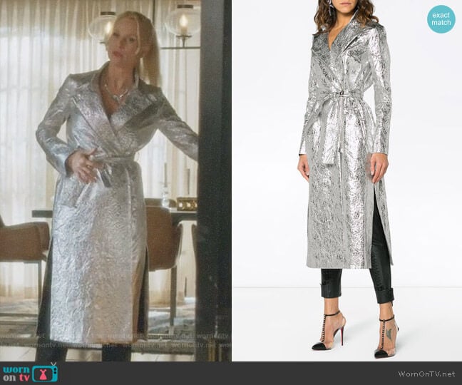 Metallic Joplin Trench Coat by Osman worn by Alexis Carrington (Elaine Hendrix) on Dynasty