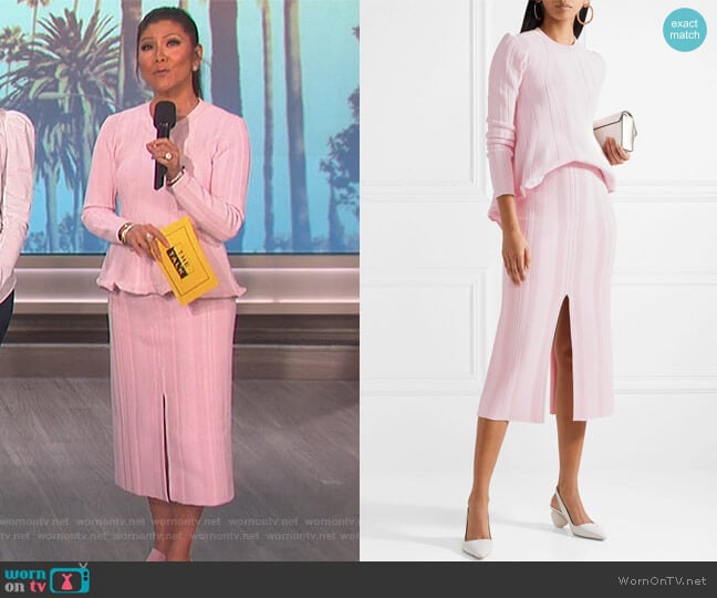 Long-Sleeve Ribbed Peplum Sweater and Double-Slit Ribbed Skirt by Proenza Schouler worn by Julie Chen on The Talk