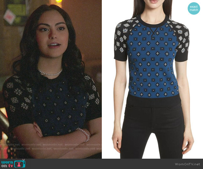 RED Valentino Contrast Sleeve Floral Print Sweater worn by Veronica Lodge (Camila Mendes) on Riverdale