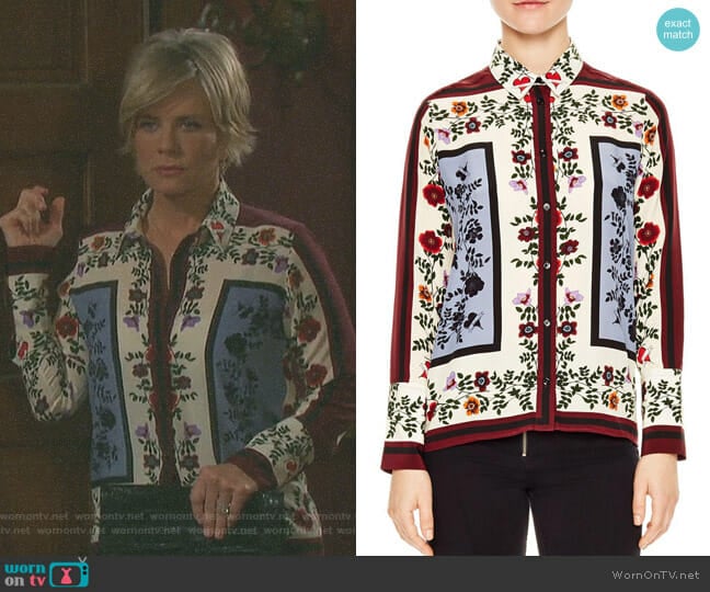 'Louane' Floral & Square Print Silk Shirt by Sandro worn by Kayla Brady (Mary Beth Evans) on Days of our Lives