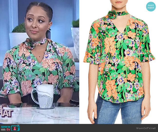 Reda Floral-Print Silk Choker Top by Sandro worn by Tamera Mowry on The Real