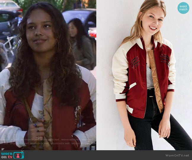 On Tour Satin Varsity Bomber Jacket by Silence + Noise at Urban Outfitters worn by Jessica Davis (Alisha Boe) on 13 Reasons Why