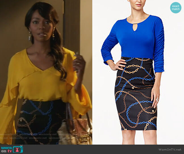 WornOnTV: Ida’s yellow bell sleeve blouse and black chain print skirt ...