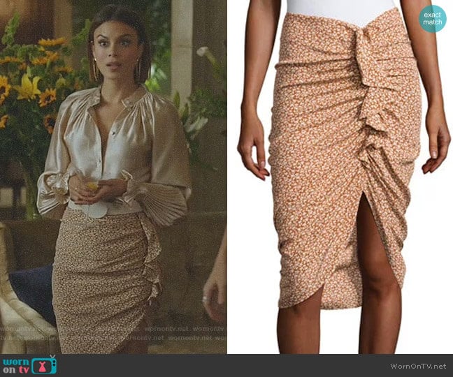 Hazel Side-Ruched Silk Ruffle Skirt by Veronica Beard worn by Cristal Flores (Nathalie Kelley) on Dynasty