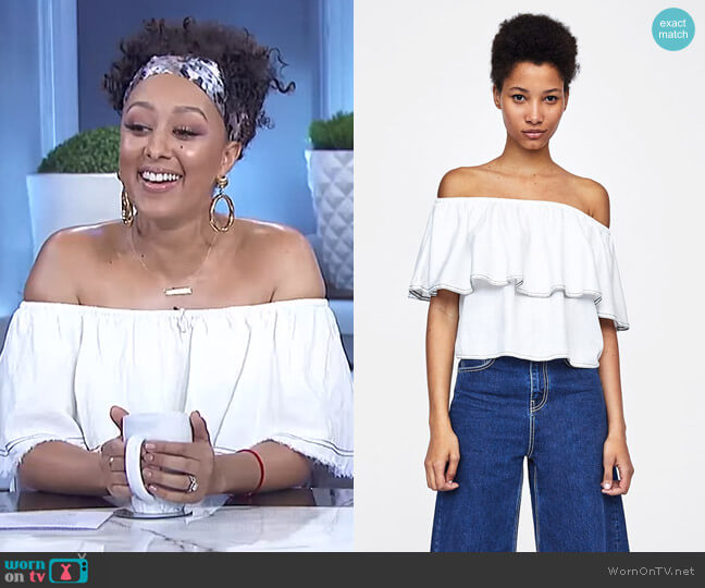 Zara Off The Shoulder Top with Top Stitching worn by Tamera Mowry  on The Real