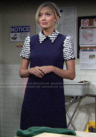 Abby’s blue dress with floral embellished sleeves and collar on The Young and the Restless