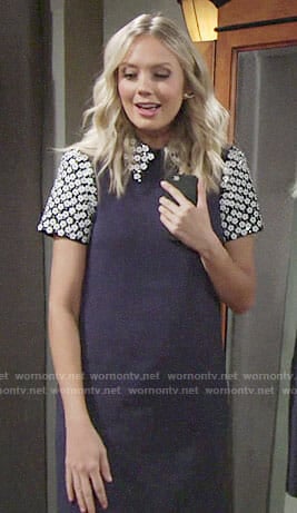 Abby’s blue dress with floral embellished sleeves and collar on The Young and the Restless