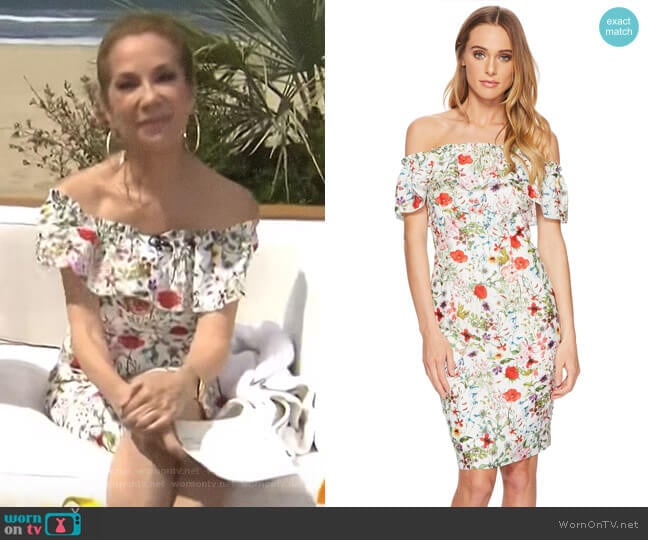  Bloom Printed Off Shoulder Dress by Adrianna Papell worn by Kathie Lee Gifford on Today