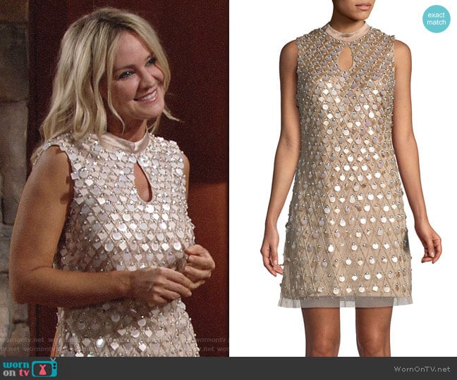 Aidan Mattox Embellished Sleeveless Keyhole Mini Dress worn by Sharon Newman (Sharon Case) on The Young and the Restless