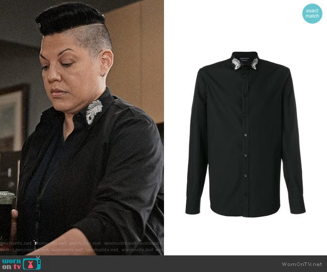 Alexander McQueen Peacock Feather Embroidered Collar Shirt worn by Kat Sandoval (Sara Ramirez) on Madam Secretary