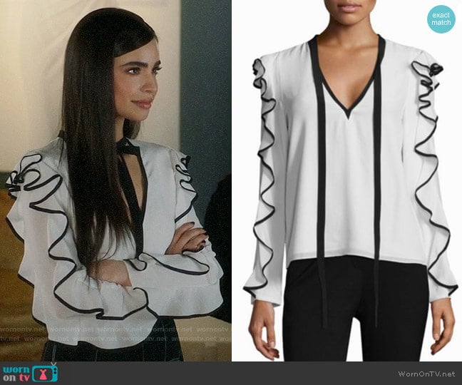 Alexis Darcy Contrast Trim Ruffle Blouse worn by Sloane Silver (Sofia Carson) on Famous in Love