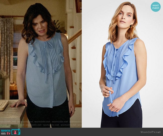 Ann Taylor Pintucked Ruffle Bib Shell worn by Heather Hughes (Betsy Brandt) on Life in Pieces