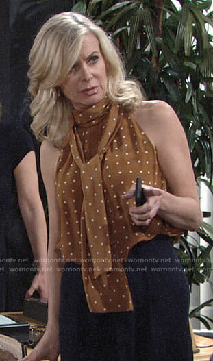 Ashley’s tan polka dot tie neck top on The Young and the Restless