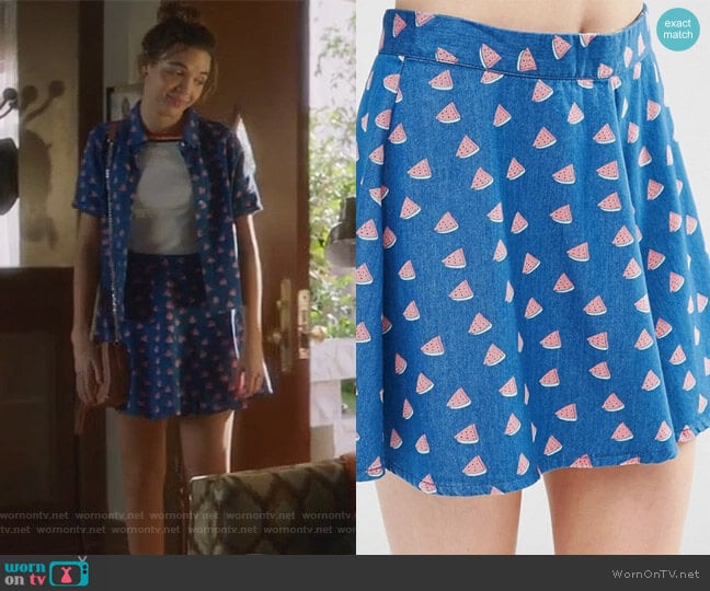 Noisy May Watermelon Print Denim Skater Skirt worn by Cassandra (Georgie Flores) on Famous in Love