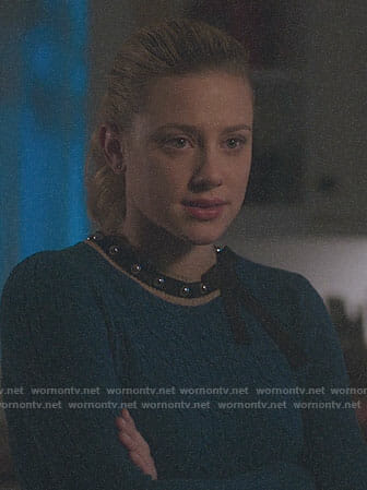 Betty’s blue cable knit sweater with studded neckline on Riverdale