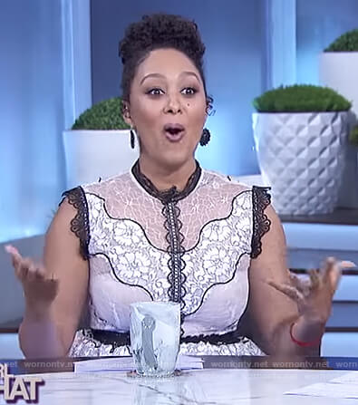 Tamera’s black and white floral lace dress on The Real