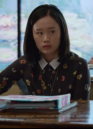 Courtney's black dot and floral print dress on 13 Reasons Why