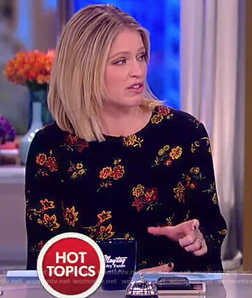Sara’s black floral print flare sleeve dress on The View