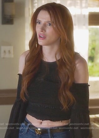 Paige's black smocked cold shoulder top and Gucci belt on Famous in Love