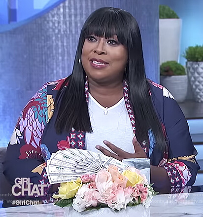 Loni's blue floral print wrap jacket on The Real