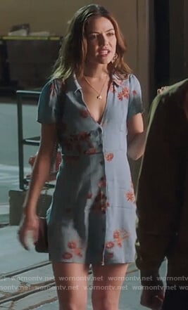Harper's blue floral button front mini dress on Famous in Love