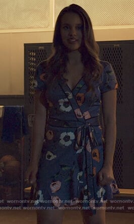 Jessica’s blue floral print wrap dress on 13 Reasons Why