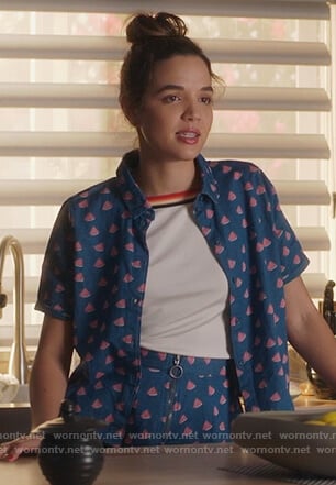 Cassandra’s blue watermelon print shirt and skirt on Famous in Love