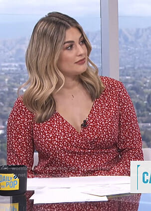 Carissa’s red floral v-neck blouse on E! News Daily Pop