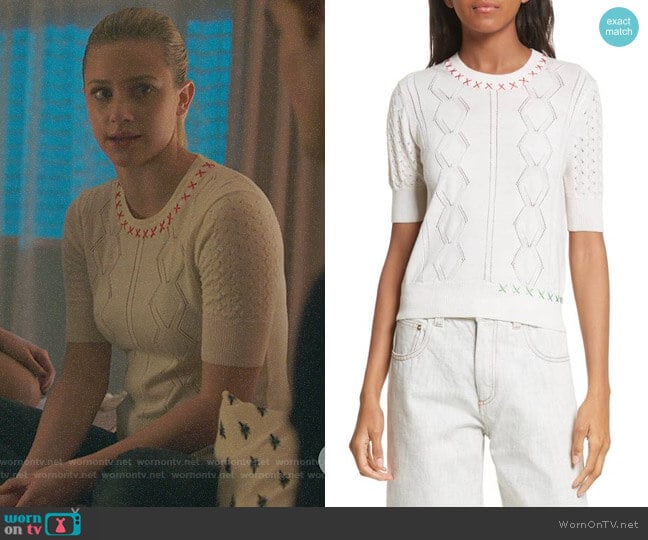 Carven Off-White Embroidered Sweater by Carven worn by Betty Cooper (Lili Reinhart) on Riverdale