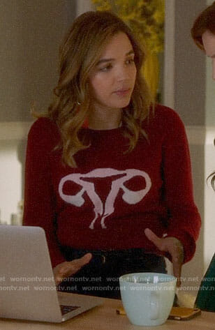 Cassandra’s red printed sweater on Famous in Love