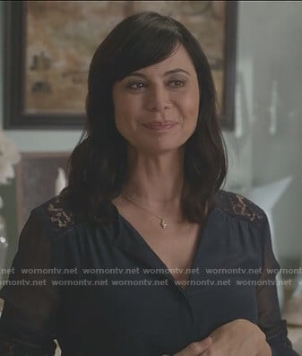 Cassie's navy lace inset blouse on Good Witch