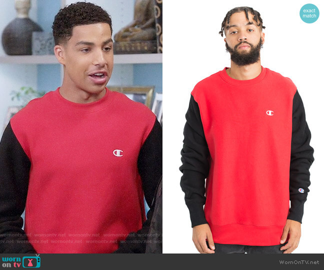 Champion Reverse Weave Colorblock Crewneck worn by Andre Johnson Jr (Marcus Scribner) on Black-ish