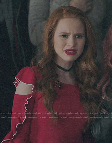 Cheryl's red ruffled cold-shoulder sweater on Riverdale