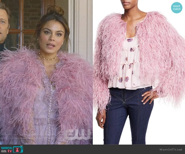 'Lennox' Cropped Feather Jacket by Cinq à Sept worn by Cristal Flores (Nathalie Kelley) on Dynasty