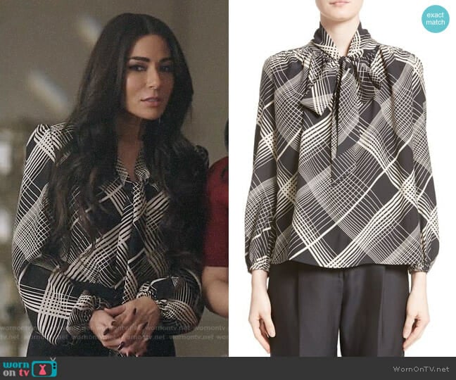 Co Plaid Silk Tie Neck Blouse worn by Hermione Lodge (Marisol Nichols) on Riverdale