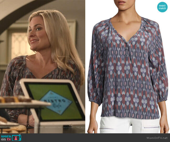 Colby Kimono Ikat Print Silk Blouse by Joie worn by Stephanie Borden (Kylee Evans) on Good Witch