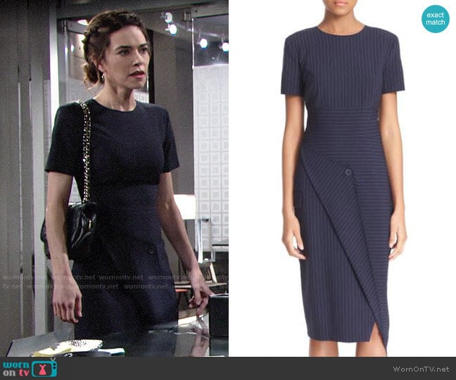 DKNY Pinstripe Asymmetrical Dress worn by Victoria Newman (Amelia Heinle) on The Young and the Restless